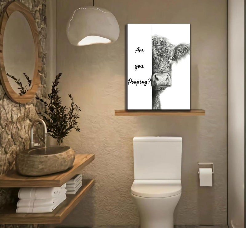 AKOTAC Funny Highland Cow Bathroom Canvas Wall Art Cute Animal Are You Pooping Painting Picture Wall Decor Black White Animal Bathroom Poster Print Artwork for Bedroom Toilet Home Decoration - Image 4