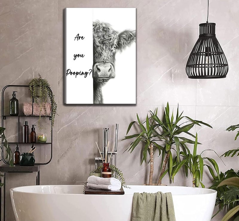AKOTAC Funny Highland Cow Bathroom Canvas Wall Art Cute Animal Are You Pooping Painting Picture Wall Decor Black White Animal Bathroom Poster Print Artwork for Bedroom Toilet Home Decoration - Image 2