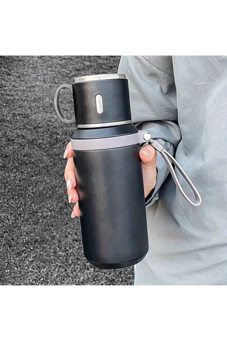 Generic BPA-Free Stainless Steel Water Bottle with Mug Lid, Leakproof Double Vacuum Insulated Flask, Portable for Camping and Hiking, Hot 8Hrs/Cold 24Hrs, Durable Reusable Jug with Rope Handle (Black)  - Image 1