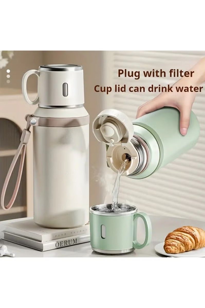 Generic BPA-Free Stainless Steel Water Bottle with Mug Lid, Leakproof Double Vacuum Insulated Flask, Portable for Camping and Hiking, Hot 8Hrs/Cold 24Hrs, Durable Reusable Jug with Rope Handle (Black)  - Image 4