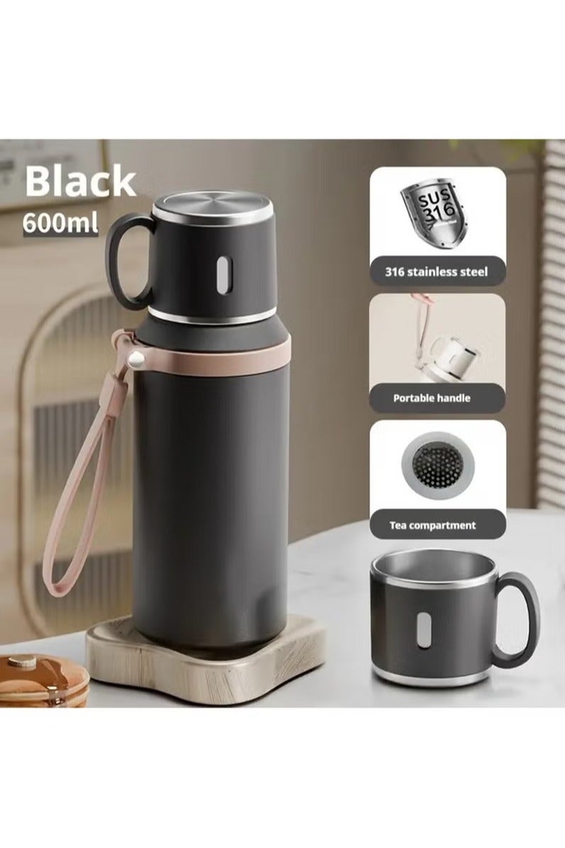 Generic BPA-Free Stainless Steel Water Bottle with Mug Lid, Leakproof Double Vacuum Insulated Flask, Portable for Camping and Hiking, Hot 8Hrs/Cold 24Hrs, Durable Reusable Jug with Rope Handle (Black)  - Image 2