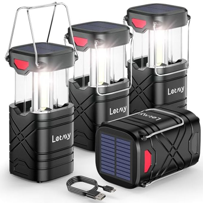 LETMY 4 Pack Camping Lantern, Rechargeable Led Lanterns, Solar Lantern Battery Powered Hurricane Lanterns Flashlight With 3 Powered Ways & Usb Cable For Emergency, Power Outage, Hurricane Supplies - Image 1