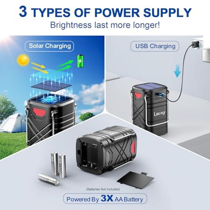 LETMY 4 Pack Camping Lantern, Rechargeable Led Lanterns, Solar Lantern Battery Powered Hurricane Lanterns Flashlight With 3 Powered Ways & Usb Cable For Emergency, Power Outage, Hurricane Supplies - Image 2