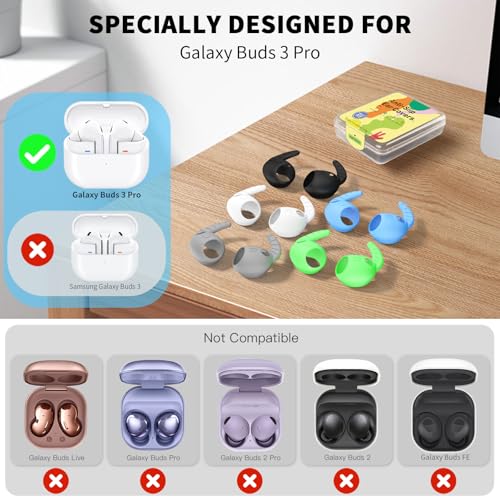 TUDIOW [5 Pairs] Ear Hooks Covers for Samsung Galaxy Buds 3 Pro, Sport Ear Tips Covers Silicone Anti-Slip Anti Scratches Galaxy Buds Pro 3 Earbuds Accessories (Black, White, Gray, Golw Blue,Glow Green) - Image 5