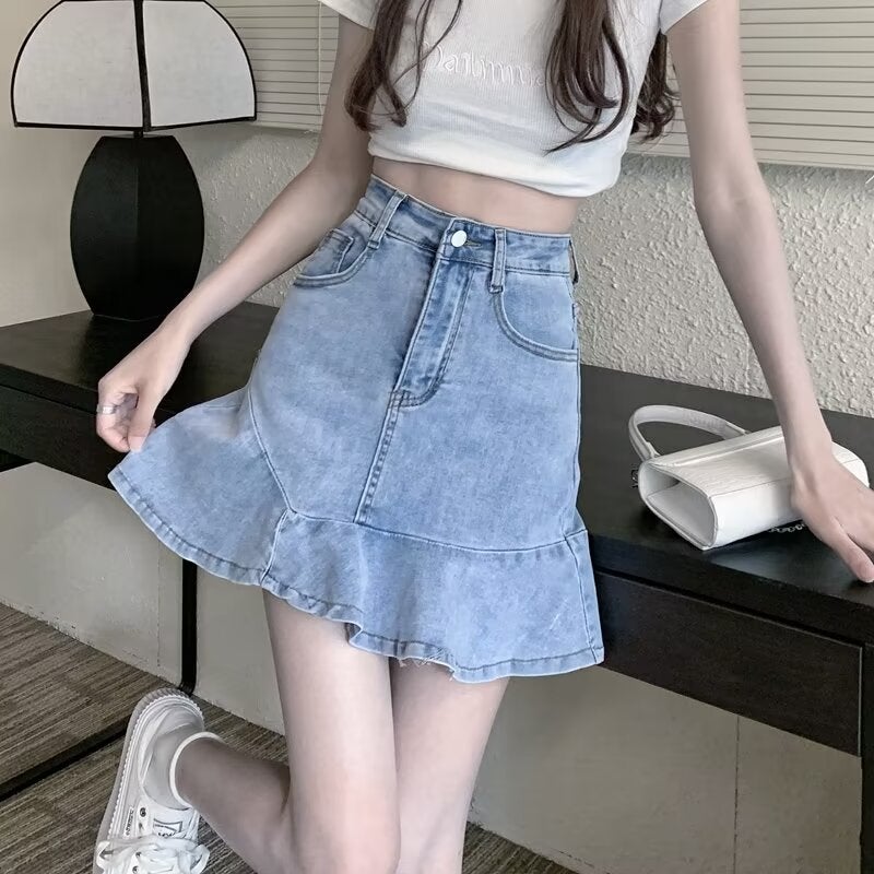 Niche Skirt High Waist Sweet And Spicy Denim Skirt Women'S Clothing Small Size Slim A- Line Hip Skirt Ruffled Skirt - Image 2