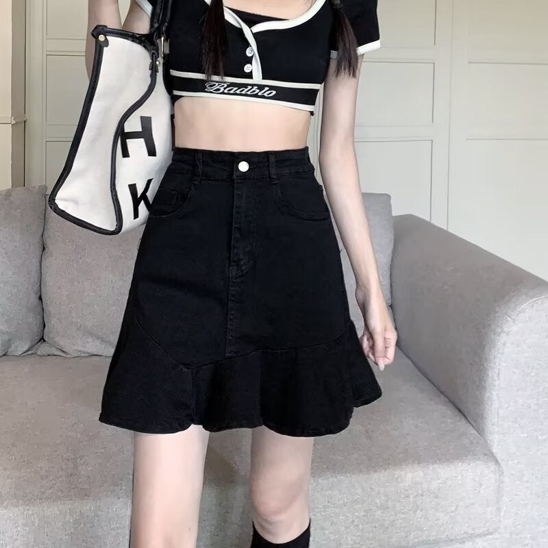 Niche Skirt High Waist Sweet And Spicy Denim Skirt Women'S Clothing Small Size Slim A- Line Hip Skirt Ruffled Skirt - Image 1