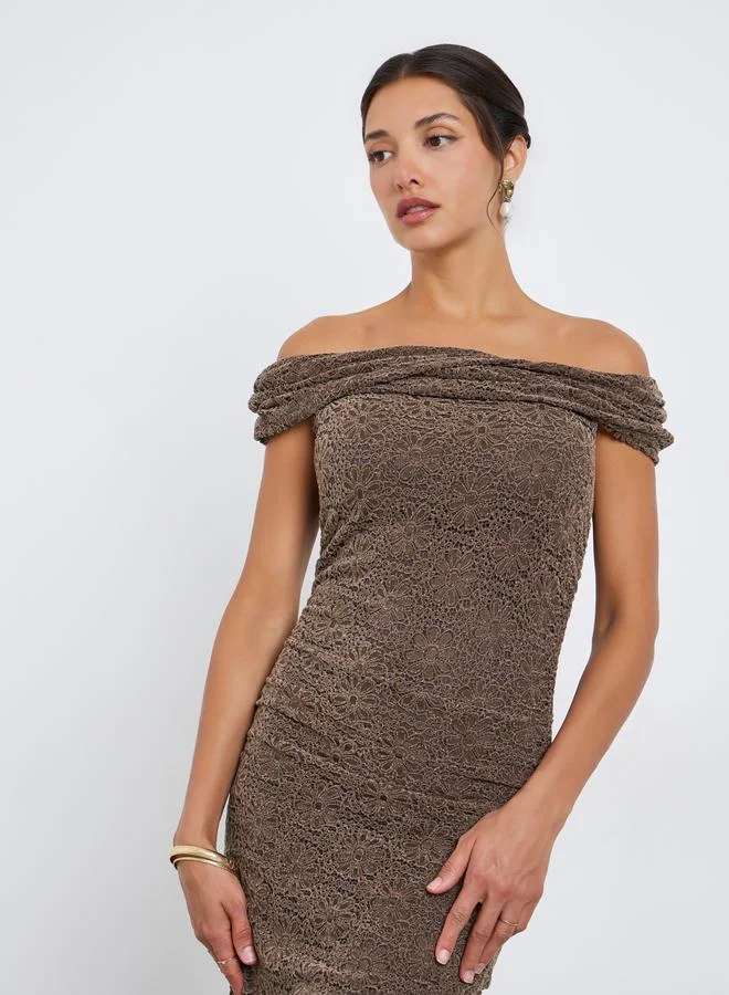 Styli Women Brown Off Shoulder Bodycon Midi Dress