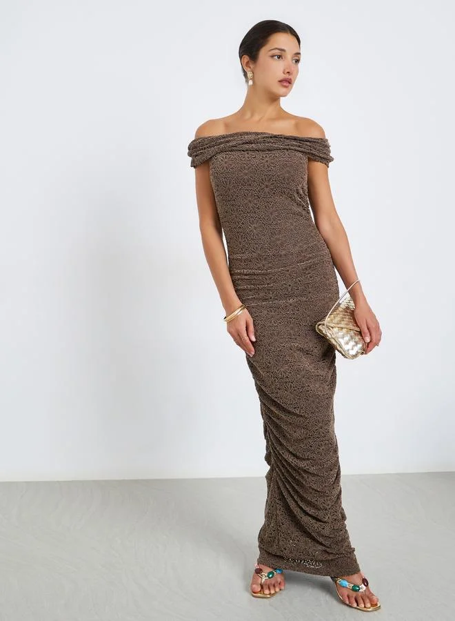 Women Brown Off Shoulder Bodycon Midi Dress