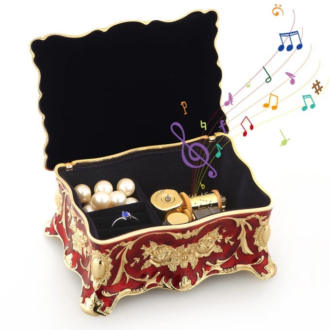 RED RECTANGLE EMBOSS ALLOY METAL MUSIC BOX WIND UP ANTIQUE JEWELRY MUSICAL BOXES CHRISTMAS BIRTHDAY VALENTINES DAY GIFTS PLAYS ANASTASIAONCE UPON A DECEMBER