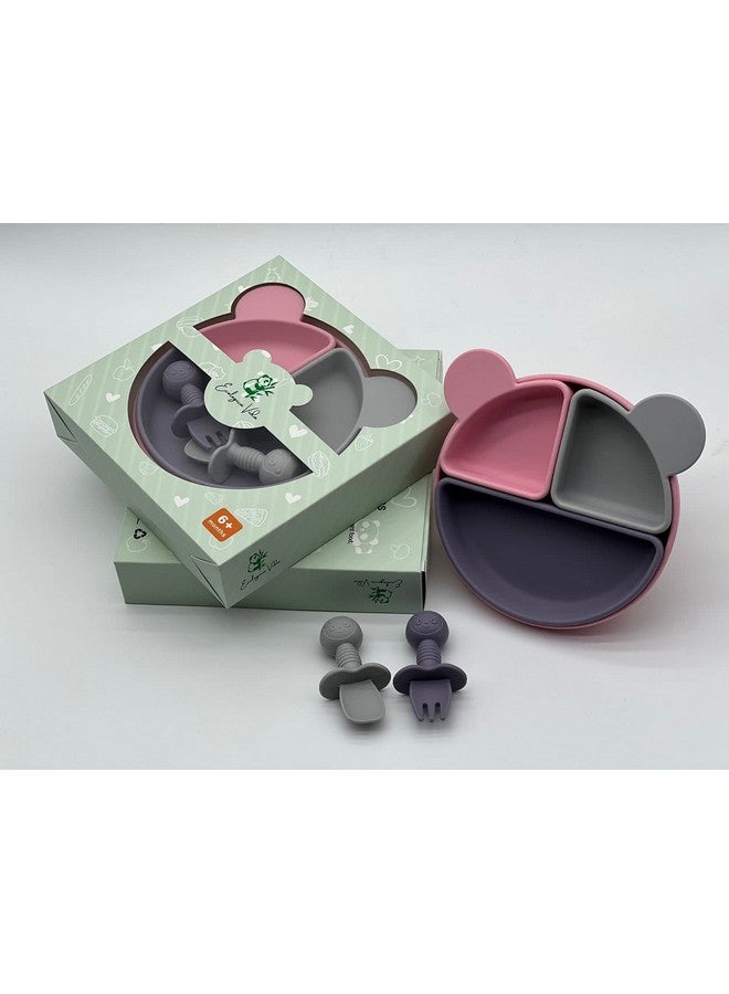 MIX COLOR SILICON BABY FEEDING SET, BABY EATING SUPPLIES, BABY LED WEANING SUPPLIES (Pink Grey Purple) - Image 4