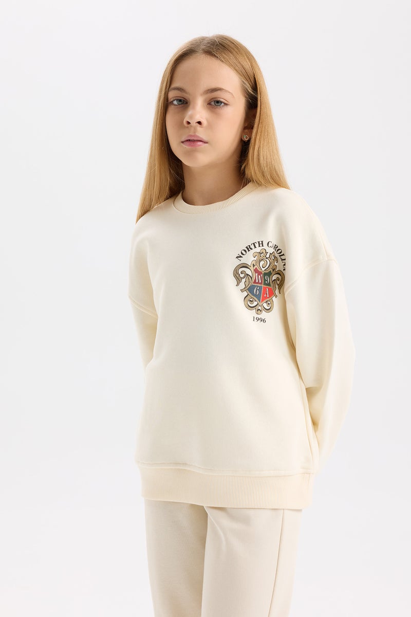 DeFacto Girl Relax Fit Crew Neck Printed Soft Furry Inside Sweatshirt - Image 1