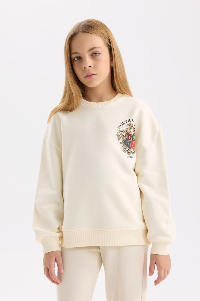 DeFacto Girl Relax Fit Crew Neck Printed Soft Furry Inside Sweatshirt - Image 3