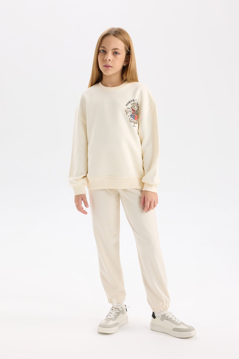 DeFacto Beige Girl Girl Relax Fit Crew Neck Printed Soft Furry Inside Sweatshirt Casual - Image 2
