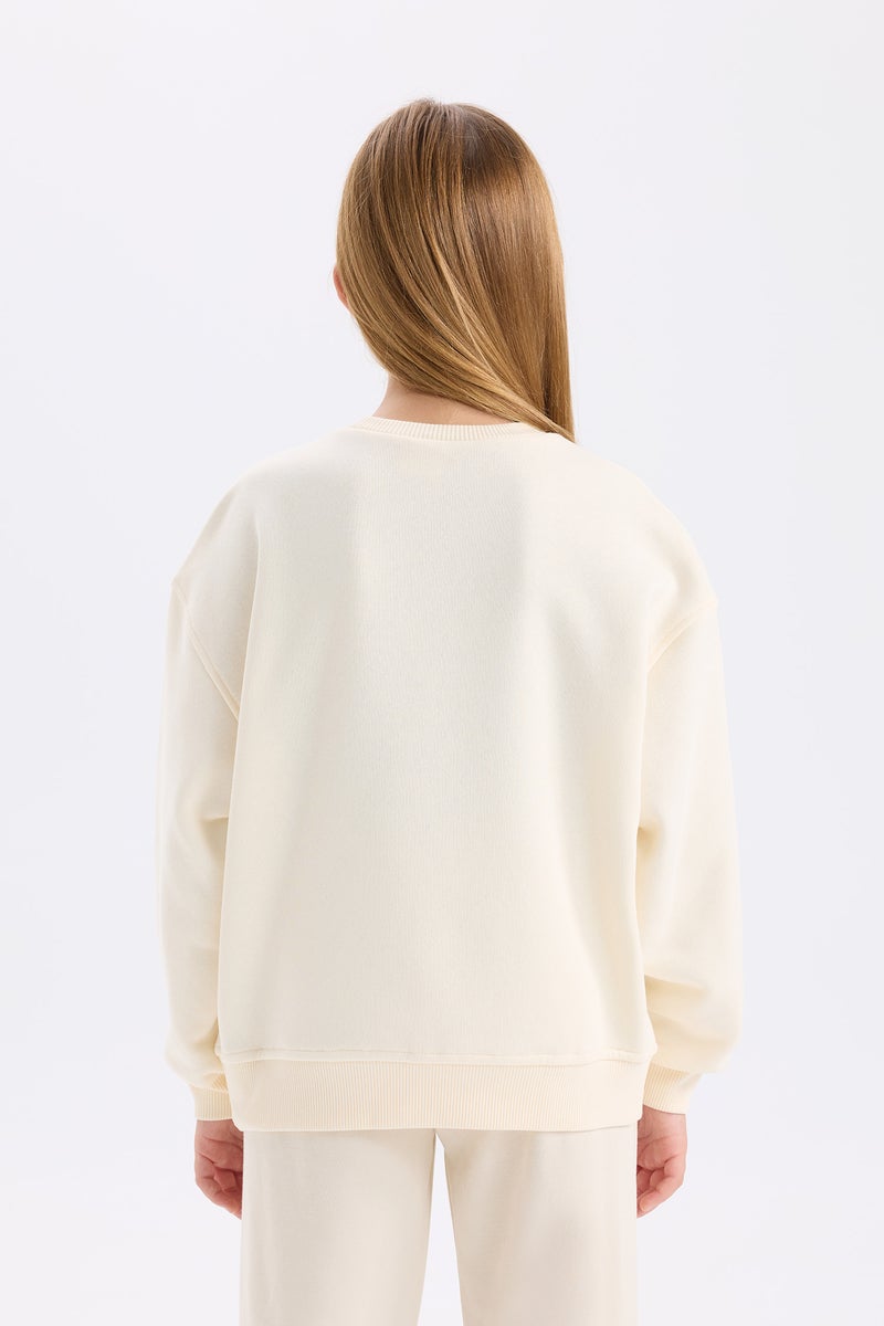 DeFacto Beige Girl Girl Relax Fit Crew Neck Printed Soft Furry Inside Sweatshirt Casual - Image 5
