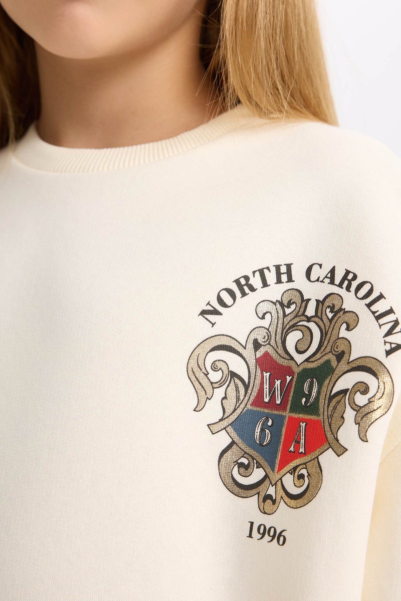 DeFacto Beige Girl Girl Relax Fit Crew Neck Printed Soft Furry Inside Sweatshirt Casual - Image 4