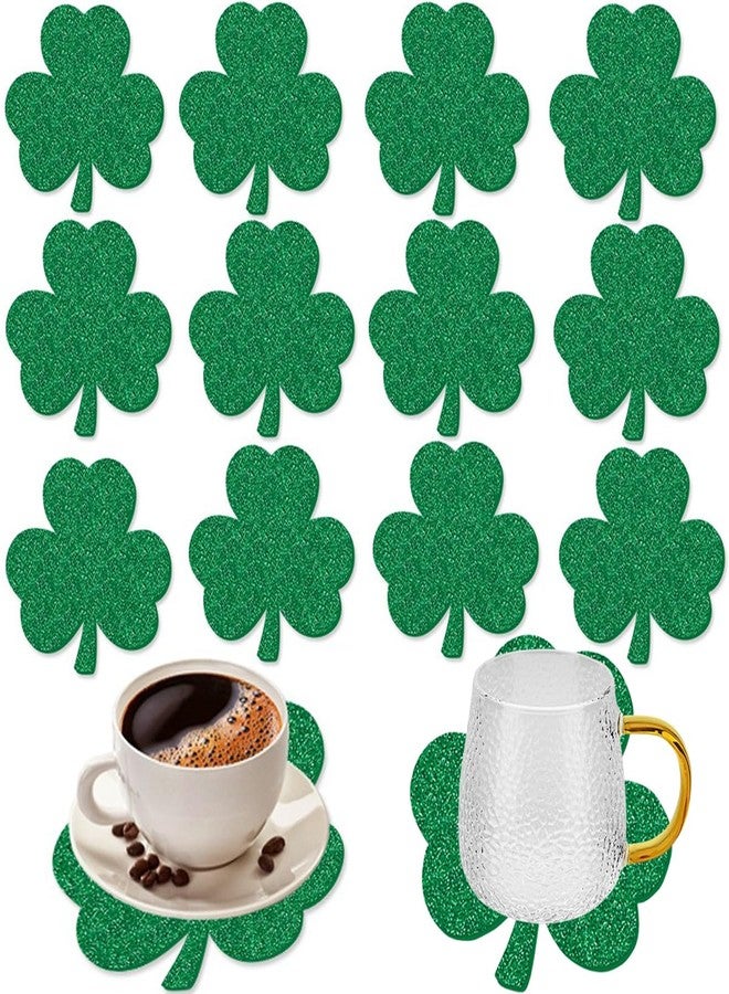 AUOCATTAIL 12 PCS St. Patrick's Day Coaster Glitter Green Shamrock Drink Coasters Absorbent Lucky Clover Tea Cup Mats Coffee Coasters for Mugs Cups Irish Party Home Office Table Decoration Tablewares Supplies - Image 1