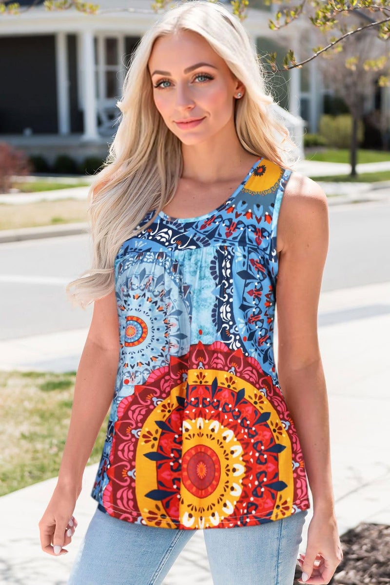 CHICGAL Women Sleeveless Tee Summer Tank Top Chic Losse Fit Shirt Basic Blouse Outfit(Blue Red Print,XL) - Image 2
