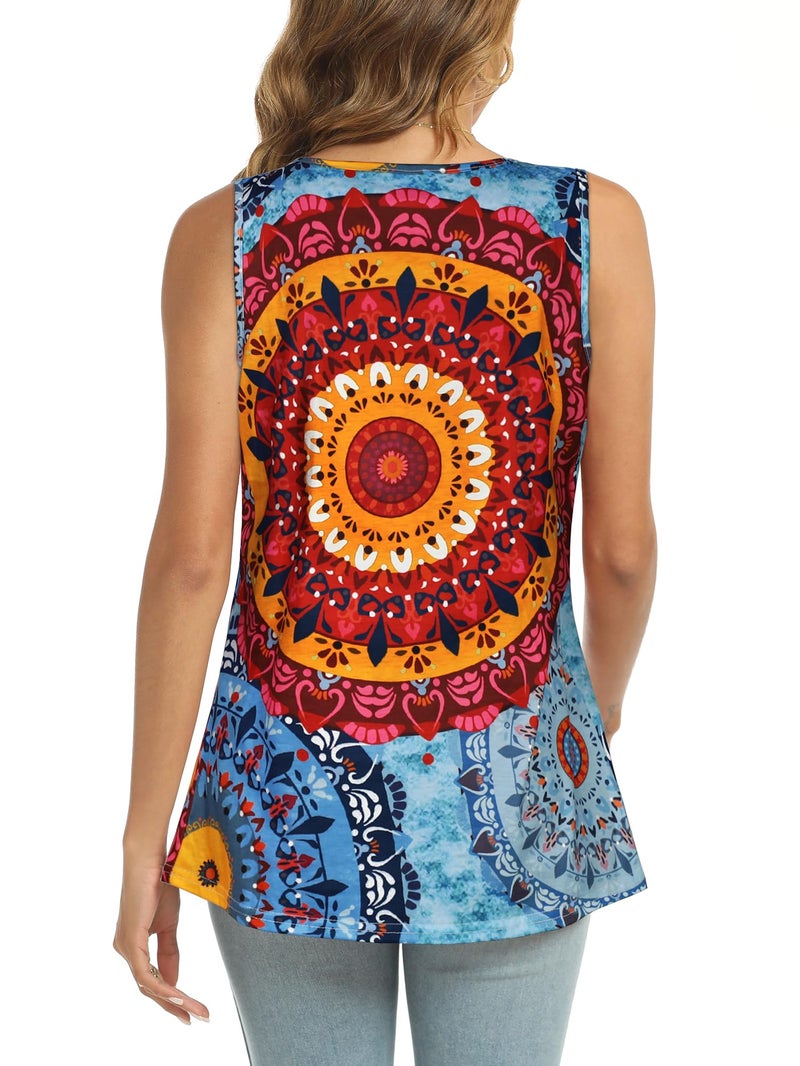 CHICGAL Women Sleeveless Tee Summer Tank Top Chic Losse Fit Shirt Basic Blouse Outfit(Blue Red Print,XL) - Image 5