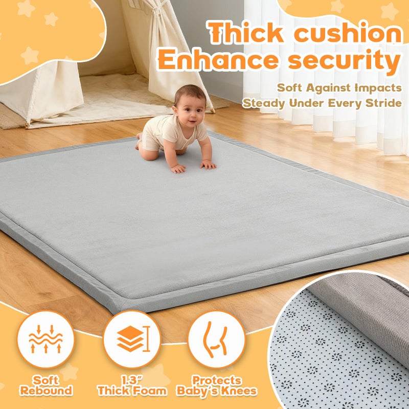 RONGFA Baby Play Mat for Floor, 71'' x 59'' Thicken Foam Soft Padded Playmat for Tummy Time, Playpen Mat for Toddlers, Water-Repellent Coral Velvet, Non-slip Bottom Safe for Crawling (Light Grey) - Image 2