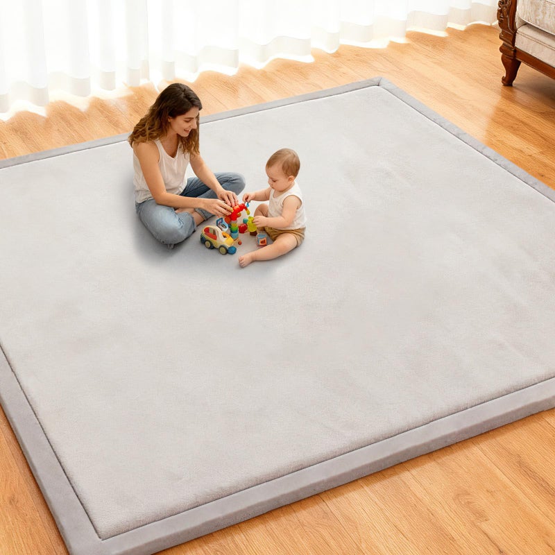 RONGFA Baby Play Mat for Floor, 71'' x 59'' Thicken Foam Soft Padded Playmat for Tummy Time, Playpen Mat for Toddlers, Water-Repellent Coral Velvet, Non-slip Bottom Safe for Crawling (Light Grey) - Image 4