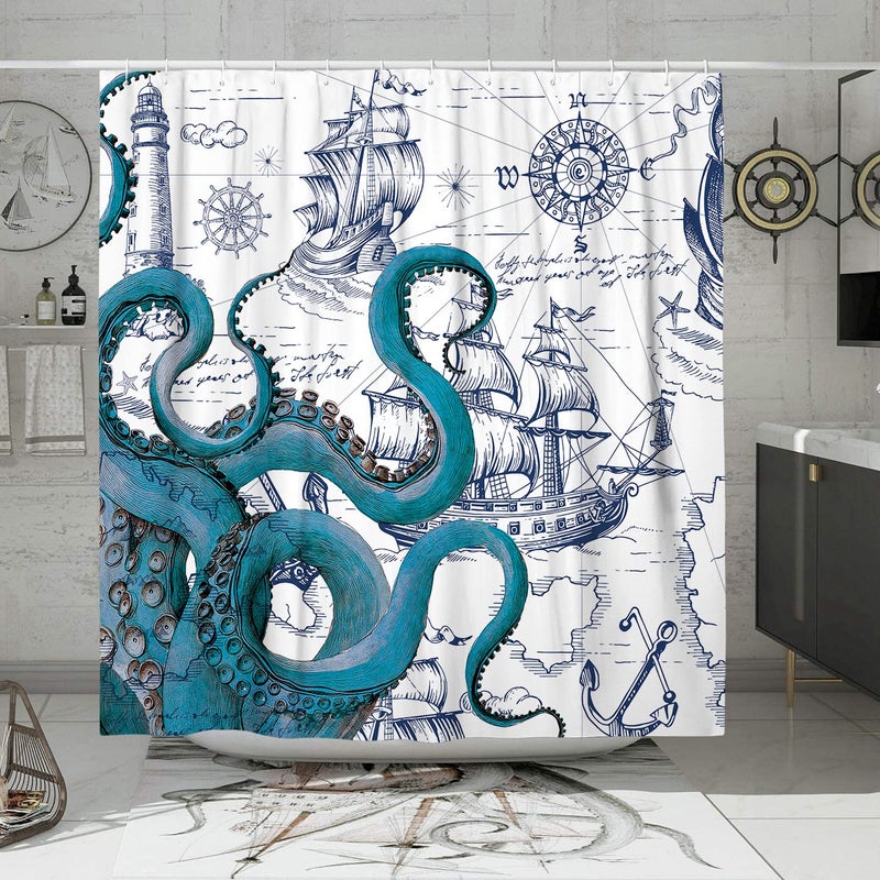 DESIHOM Blue Nautical Octopus Tall Shower Curtain Set Funny Ocean Kraken Shower Curtains for Bathroom Beach Coastal Pirate Map Decor Polyester Fabric72 x 78