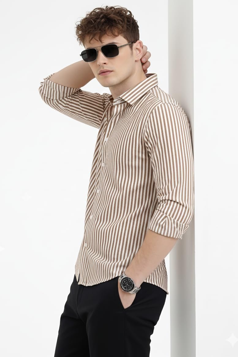 U TURN Men's Casual Printed Striped Stylish Latest Formal Plus Size Shirt for Men (Brown-White; Large) - Image 3