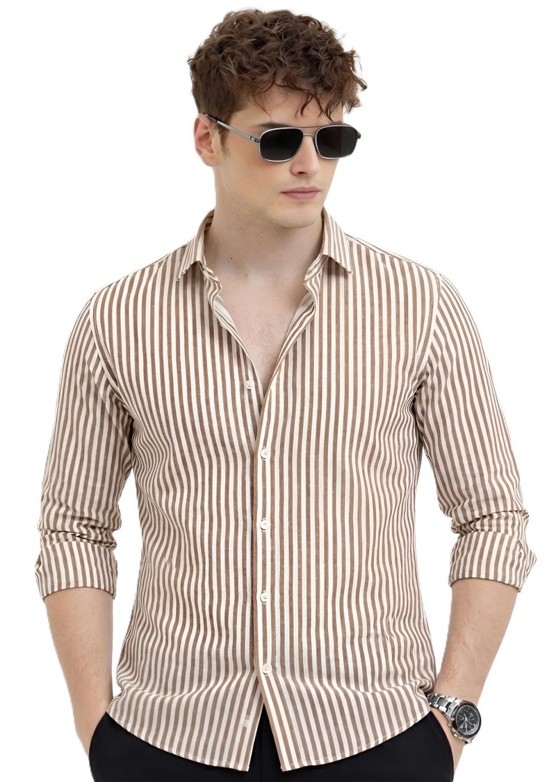 U TURN Men's Casual Printed Striped Stylish Latest Formal Plus Size Shirt for Men (Brown-White; Large) - Image 1