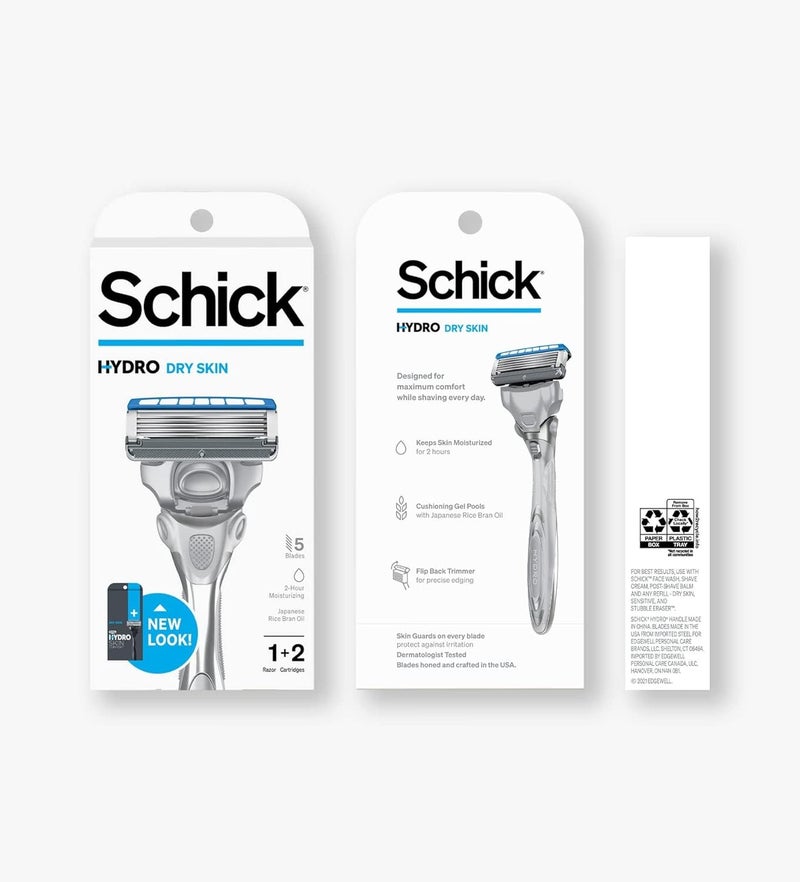 Schick Hydro Dry Skin Mens 5Blade Razor Handle  2 Refill Razor Blades Kit 1 Count