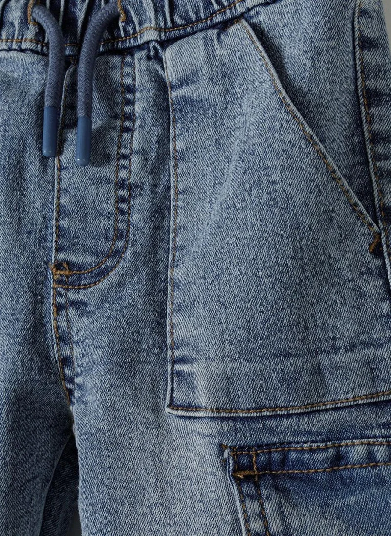 MINOTI Kids' Pull-On Denim Cargo Trousers with Utility Pockets