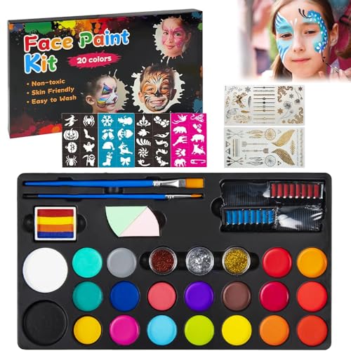 BRAINLE Kids Face and Body Paint Kit: Water-Based, Non-Toxic, 20-Color Oil Palette with 3 Glitters, 2 Hair Chalk Combs, 2 Paint Brushes, 32 Stencils, Tattoo for Parties, Facepaint, Halloween Makeup - Image 1