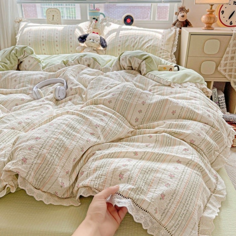 Cotton Bedding Green Single Bed Linen Set - Soft Breathable Duvet Cover Set for Home Bedroom Guest Room