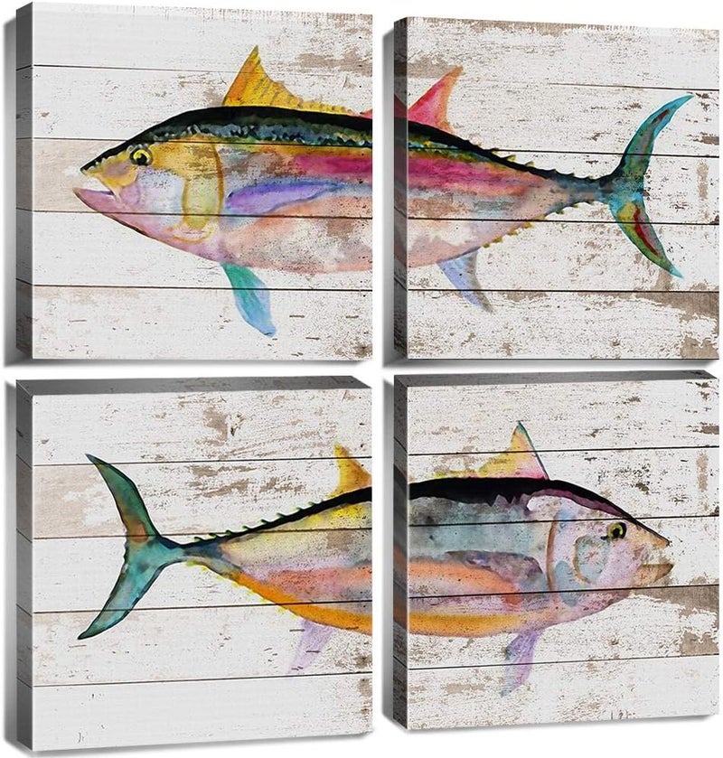 sunfrower Tuna Fish Wall Decor Ocean Canvas Art Beach Bathroom Coastal Decor Rustic Fish Pictures Kitchen Nautical Sea Animal Painting Marine Life Artwork for Bedroom Dinner Room Modern Home Decorations 16x16" - Image 1