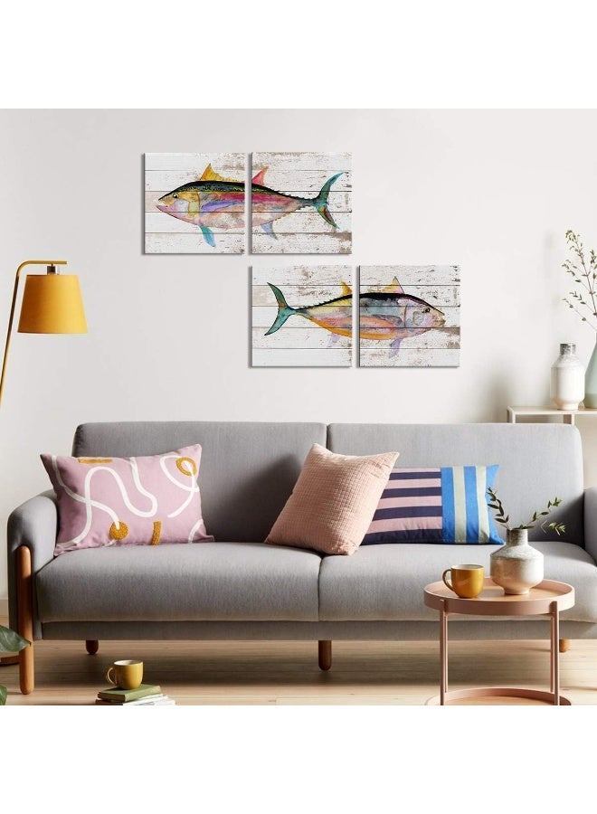 sunfrower Tuna Fish Wall Decor Ocean Canvas Art Beach Bathroom Coastal Decor Rustic Fish Pictures Kitchen Nautical Sea Animal Painting Marine Life Artwork for Bedroom Dinner Room Modern Home Decorations 16x16" - Image 2
