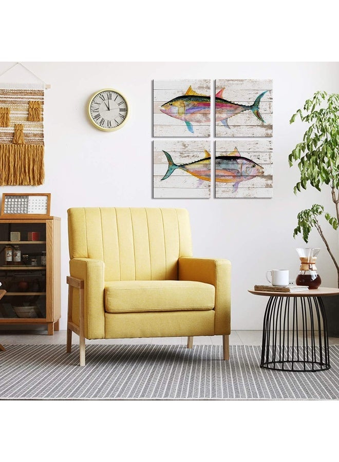 sunfrower Tuna Fish Wall Decor Ocean Canvas Art Beach Bathroom Coastal Decor Rustic Fish Pictures Kitchen Nautical Sea Animal Painting Marine Life Artwork for Bedroom Dinner Room Modern Home Decorations 16x16" - Image 3