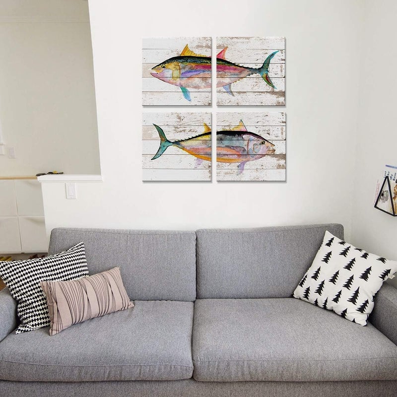 sunfrower Tuna Fish Wall Decor Ocean Canvas Art Beach Bathroom Coastal Decor Rustic Fish Pictures Kitchen Nautical Sea Animal Painting Marine Life Artwork for Bedroom Dinner Room Modern Home Decorations 16x16" - Image 4