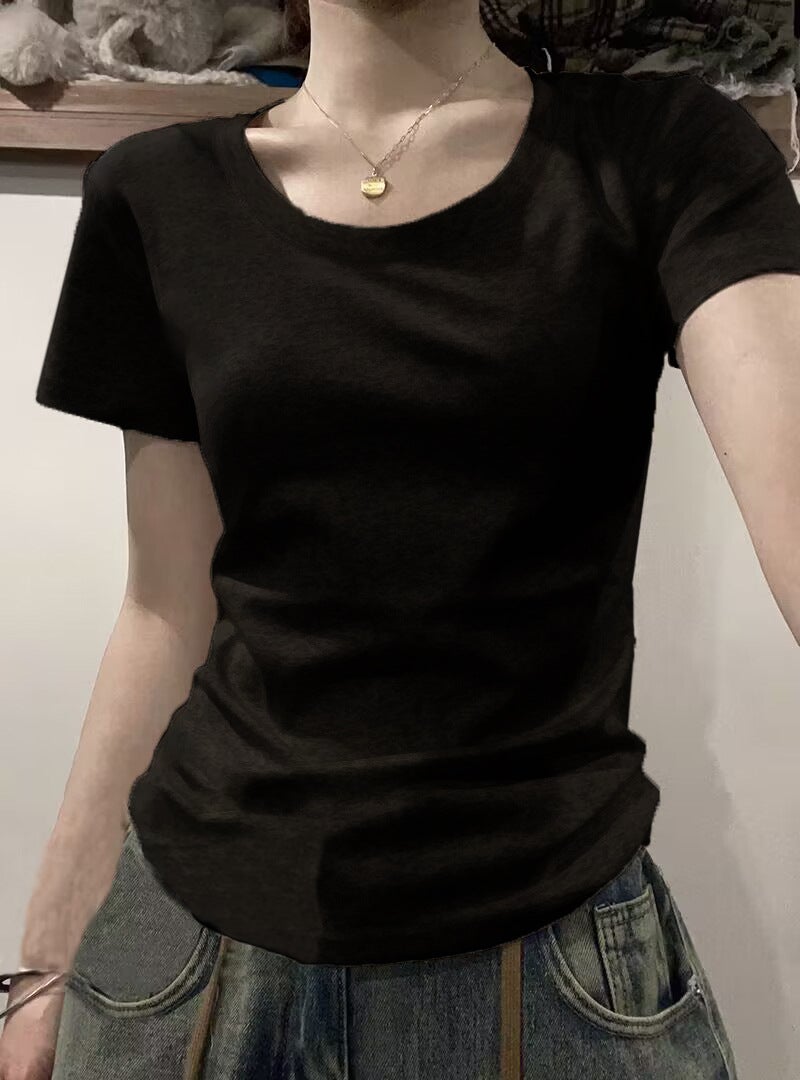 Slim-Fit Cotton Tee for Women Summer YXQ#887# White
