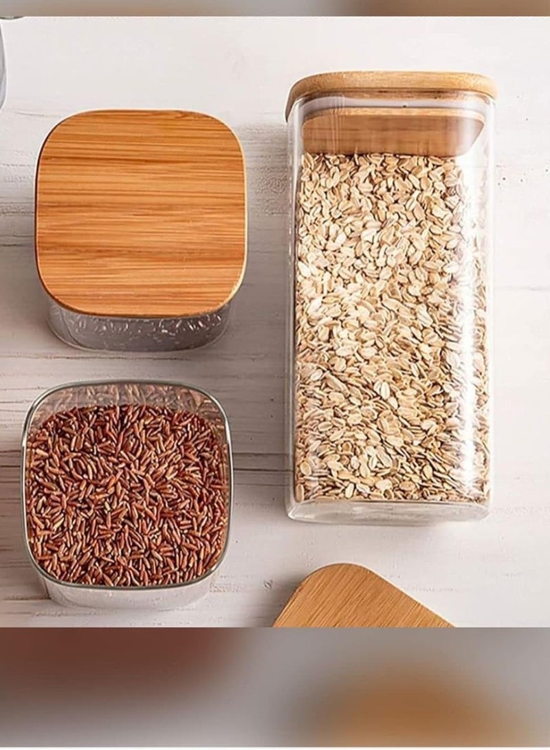 1Chase Set of 4- 1100ML Borosilicate Square Glass Storage Jar with Air tight Bamboo Lid for Candy Cookie Rice Sugar Flour Pasta Nuts - Image 2