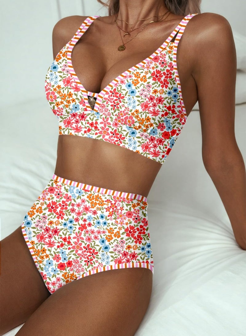 Herseas Women's 2 Piece High Waisted Bikini Sets V Neck Striped Stitch Removable Pad Swimsuits Ditsy Floral Print Flattering Bathing Suit Beach Summer Outfits 2026 Multicolor Floral X-Large - Image 5