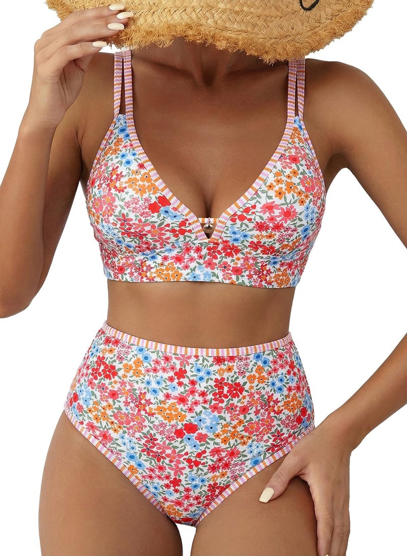 Herseas Women's 2 Piece High Waisted Bikini Sets V Neck Striped Stitch Removable Pad Swimsuits Ditsy Floral Print Flattering Bathing Suit Beach Summer Outfits 2026 Multicolor Floral X-Large - Image 1