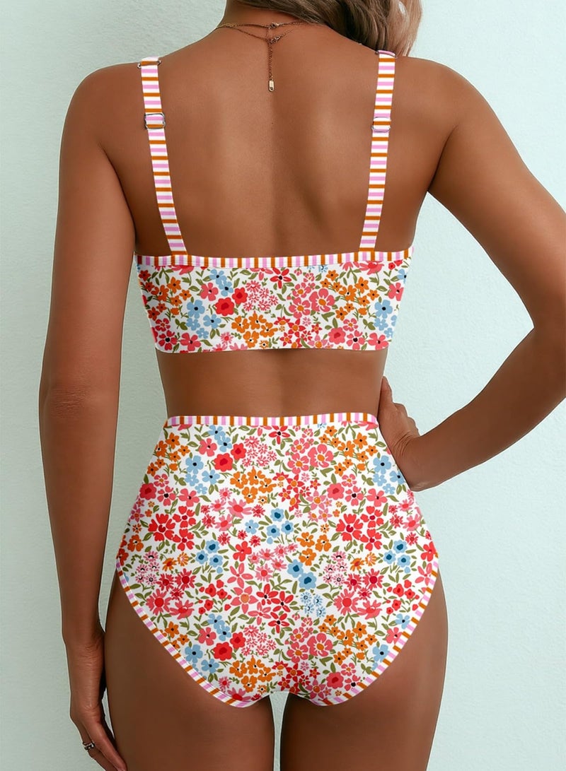 Herseas Women's 2 Piece High Waisted Bikini Sets V Neck Striped Stitch Removable Pad Swimsuits Ditsy Floral Print Flattering Bathing Suit Beach Summer Outfits 2026 Multicolor Floral X-Large - Image 2