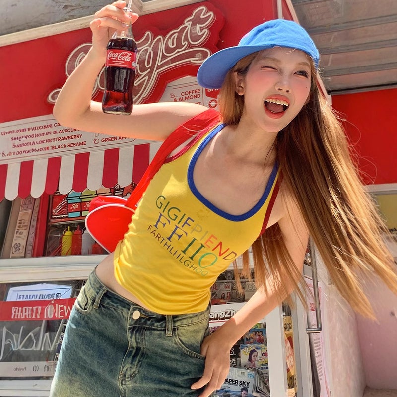 Women's Short Slim Fit Cotton Cami Top with Colorful Letter Print - Image 1