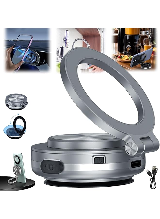 S-TOP Electric Vacuum Magnetic Car Phone Mount, 360° Rotating Magnetic Phone Holder, Strong Suction for Car Kitchen Mirro Gym Bath Shower & All Smooth Surface, Compatible with iPhone & Android (Silver) - Image 1