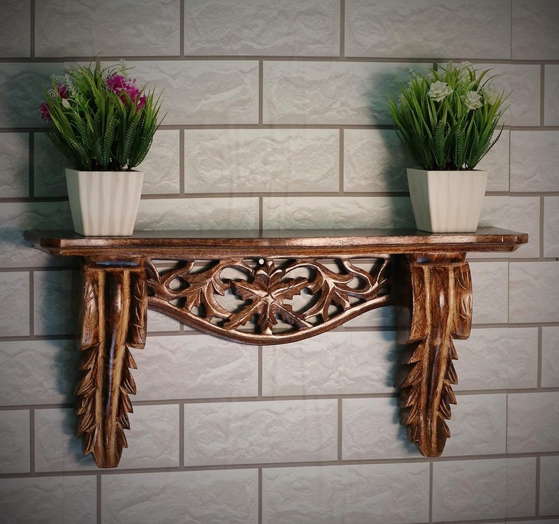 BOGEN LITE رف ديكور حائط خشبي مزخرف يدويًا بوجن لايت للغرفة المعيشية بني 23 × 5 × 11 بوصة - Image 1