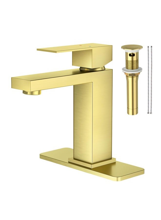 faustina Bathroom Faucet & Bathroom Sink Pop Up Drain Assembly Without Overflow, Single Handle Single Hole Bathroom Sink Faucet Lavatory Basin Faucet with Deck Plate, Gold - Image 1