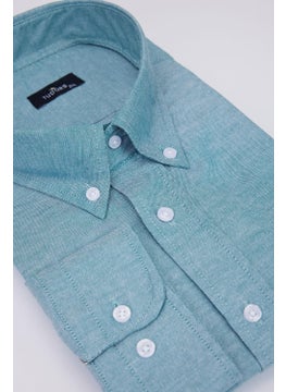 Tudors Large Size Oxford Textured Collar Buttoned Pocket Embroidered Petrol Men's Shirt  - Image 1