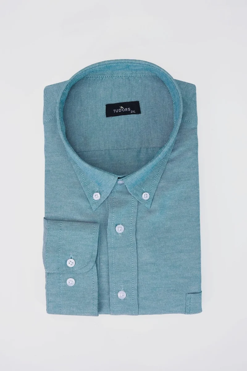 Tudors Large Size Oxford Textured Collar Buttoned Pocket Embroidered Petrol Men's Shirt