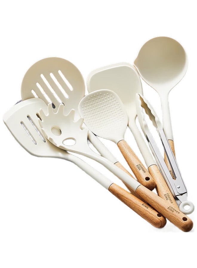 COOKER KING Chuidahuang Silicone Spatula, Wooden Handle Non-Stick Pan Coating Frying Pan Specialized Spatula, White - Image 1