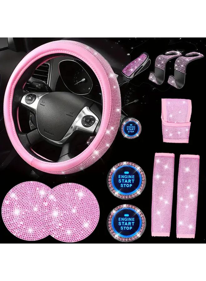 Pink Rhinestone Car Accessory Kit 11pcs Steering Wheel Cover Seat Belt Cushions - Image 1