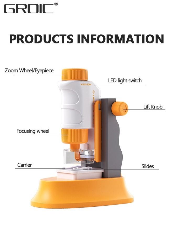 GROIC - Pocket Microscope for Kids Science Microscope Kits Little World Science Kits Beginner Handheld Microscope Kit with LED 80-160x Magnification Kids Educational Toy Preschool Science Toy - Image 1