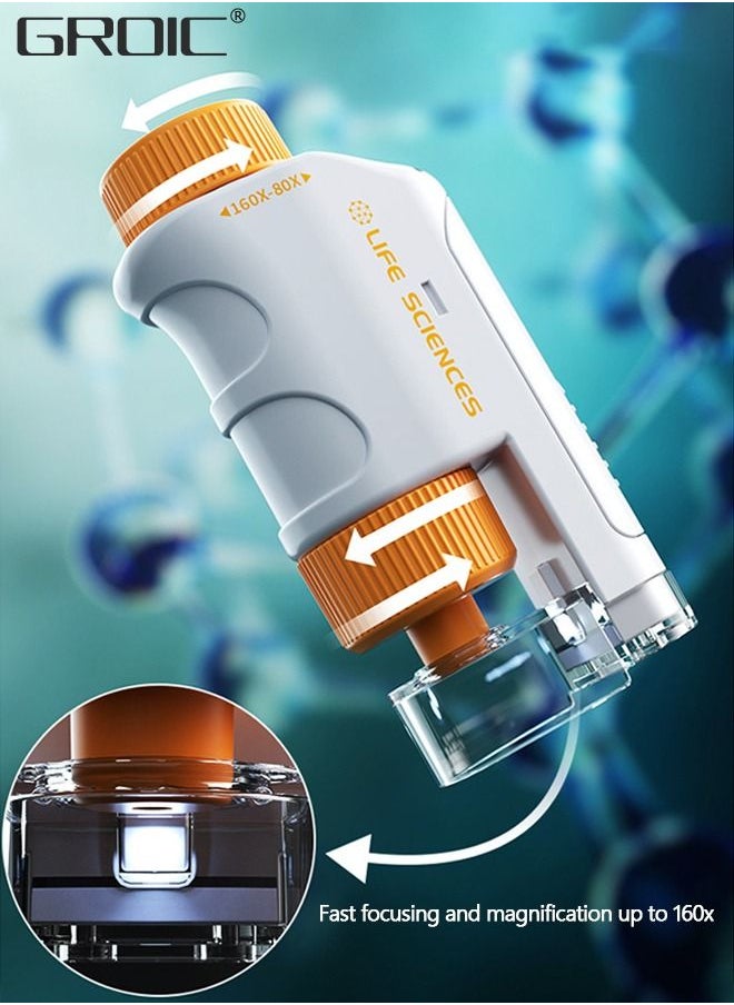 GROIC - Pocket Microscope for Kids Science Microscope Kits Little World Science Kits Beginner Handheld Microscope Kit with LED 80-160x Magnification Kids Educational Toy Preschool Science Toy - Image 1